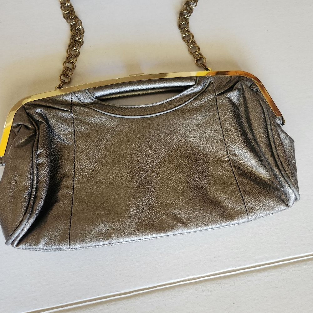 Gray leather clutch